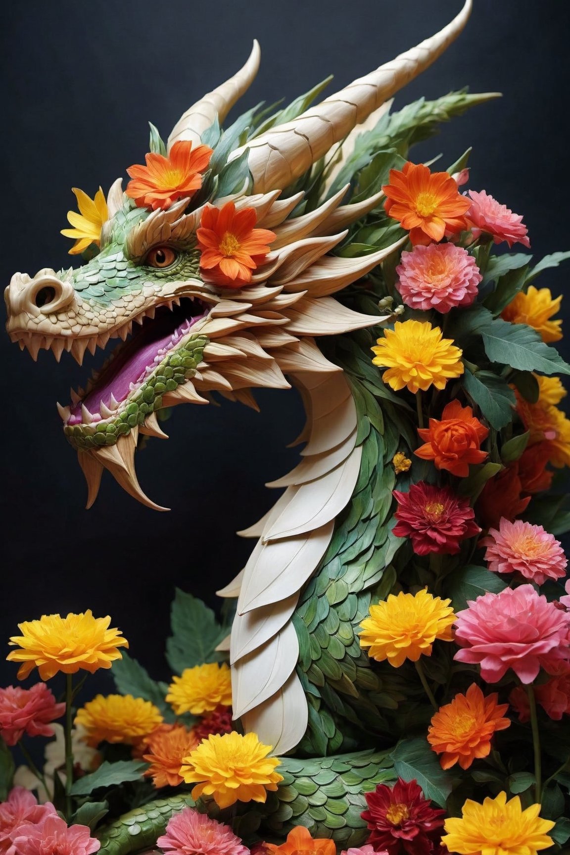 Extremely Realistic, {{{masterpiece}}}, a dragon made of flowers