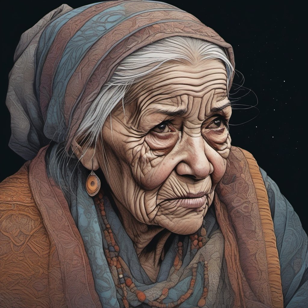  color ink drawing,old woman, Perfect details, night, thin lines, dark background, trending on artstation, sharp focus, studio photo, intricate details, highly detailed, by greg rutkowski