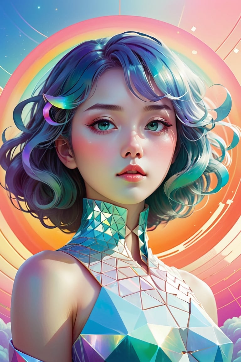 head and shoulders, flat color BREAK (vaporwave:1.2), a statuesque Picaroto woman with prisms in her eyes, geometric gradients background BREAK colorful, dream-like, illustration, gradient surreal fantasy, by Victo Ngai Makoto Shinkai
