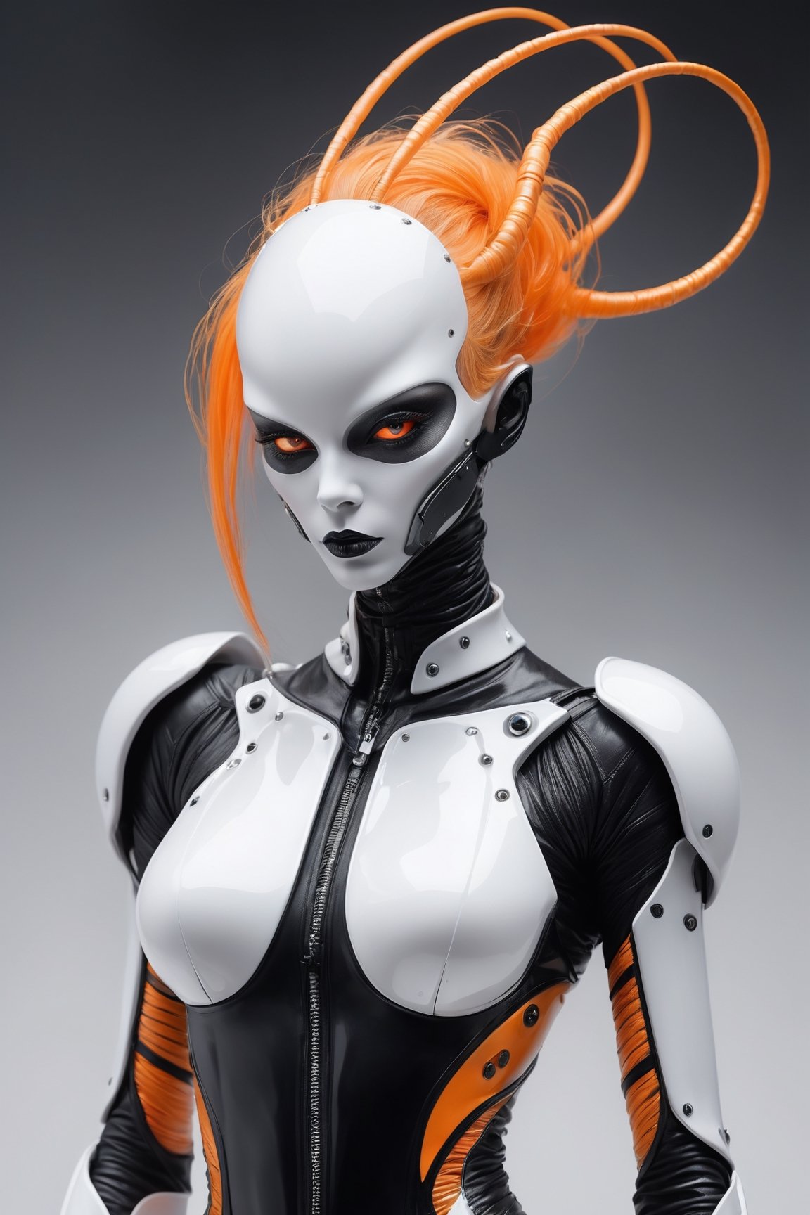 ((Extremely Realistic)) Ethereal minimalist Alien race cybergoth fashion photography painting, in the style of fluorecent orange  ,pearl_white  black  and silver , heavy use of palette knives, full body wide shot painting of teachment , intricate, sharp_focus, concept_art, simple white backround