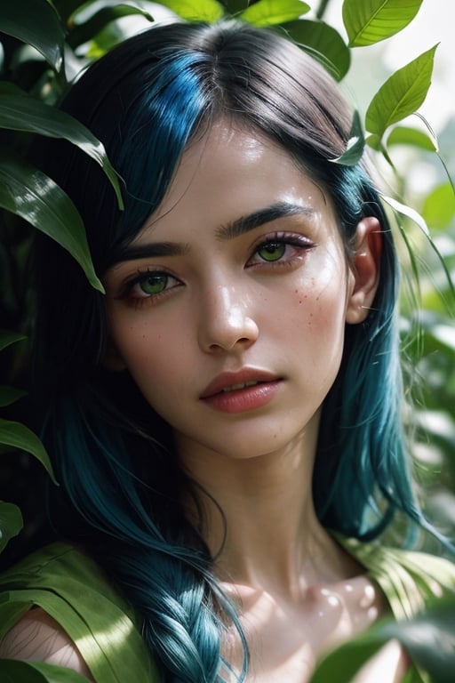 fashion photography portrait of beautiful woman with blue hair, in lush jungle with flowers, 3d render, cgi, symetrical, epic dramatic catastrophic image, tornado of desperate souls, in motion, soft acid green lightoctane render, (intricate details:1.12), hdr, (intricate details, hyperdetailed:1.15), (natural skin texture, hyperrealism, soft light, sharp:1.2), detailed, sunlight passing through foliage, india