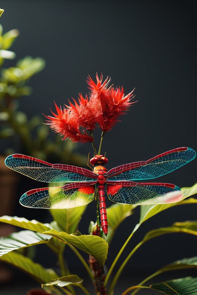 ((Extremely Realistic)),masterpiece, best quality, ultra-detailed, 8K, A conceptual art piece of a futuristic edges polygonal gorgeous Dragon Fly Sculpture with Vivid red metallic accents and Golden intricate details as a flowering pot with a bush shaped plant as unique hair. ((RAW photo Canon EOS 5D Mark IV, 1/125s, f/2.8, ISO 100, shallow depth of field)) (4k: 0.91), (raw photo: 0.91), (best quality: 0.91), (depth of field: 0.91), (ultra high res: 1.1), (absurdres: 0.91), (intricate: 0.91), (photorealistic: 0.91), (masterpiece: 0.91), (ultra-detailed: 1.2) rule of thirds, dramatic lighting, ambient lighting, sidelighting, photorealistic., conceptual art, cinematic, 3d render