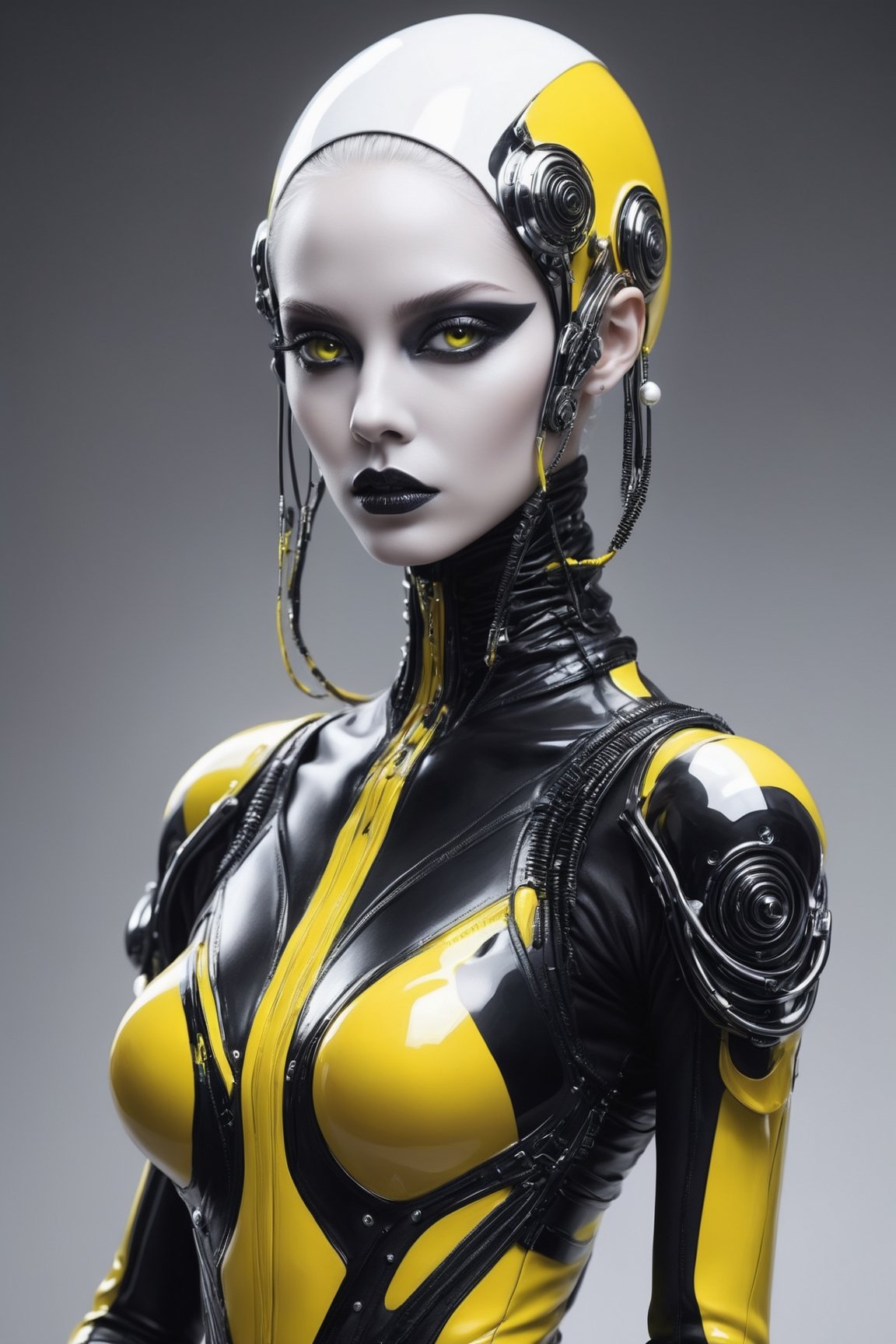 ((Extremely Realistic)) Ethereal minimalist Alien race cybergoth fashion photography painting, in the style of fluorecent black and yellow  ,pearl_white  black  and silver , heavy use of palette knives, full body wide shot painting of teachment , intricate, sharp_focus, concept_art, simple white backround