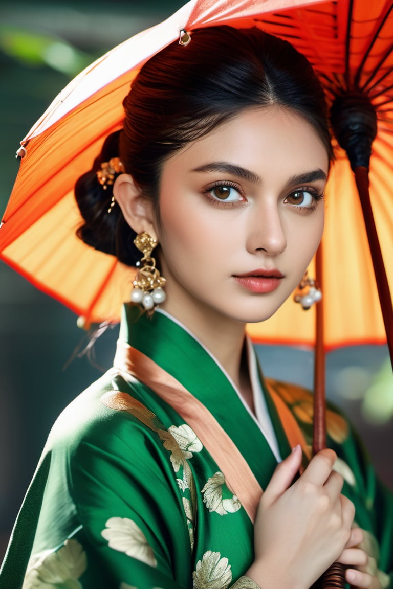 xxmix_girl, portraits up close, actress china-india girl Aditi Rao hydari, wear traditional green kimono, smirk, holding her umbrella with diamond earing, messy hair bun, stunning,fantasy, detailed perfect reflective Hazel eyes, perfect lips, perfect nose, epic, cinematic lighting, 8k, full render HD, --s8000, 64k, ultra realistic, Cafe background, shadow, photography, cinematic composition, natural light