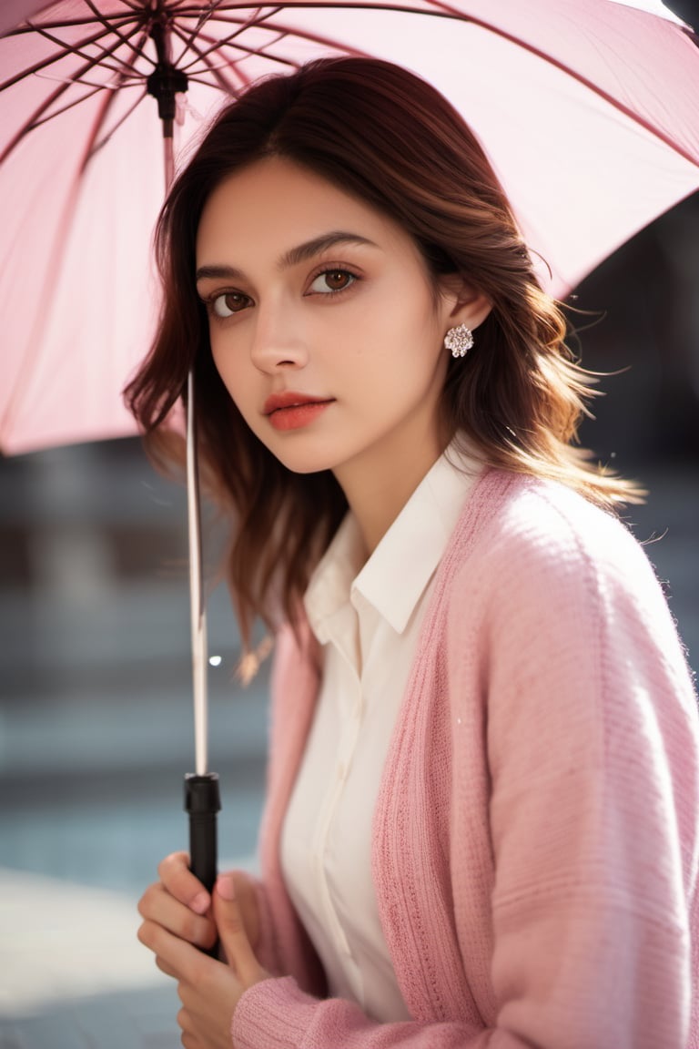 xxmix_girl, portraits up close, actress china-india girl Aditi Rao hydari, wear pink cardigan and white shirt, smirk, holding her umbrella with diamond earing, messy hair bun, stunning,fantasy, detailed perfect reflective Hazel eyes, perfect lips, perfect nose, epic, cinematic lighting, 8k, full render HD, --s8000, 64k, ultra realistic, Cafe background, shadow, photography, cinematic composition, natural light