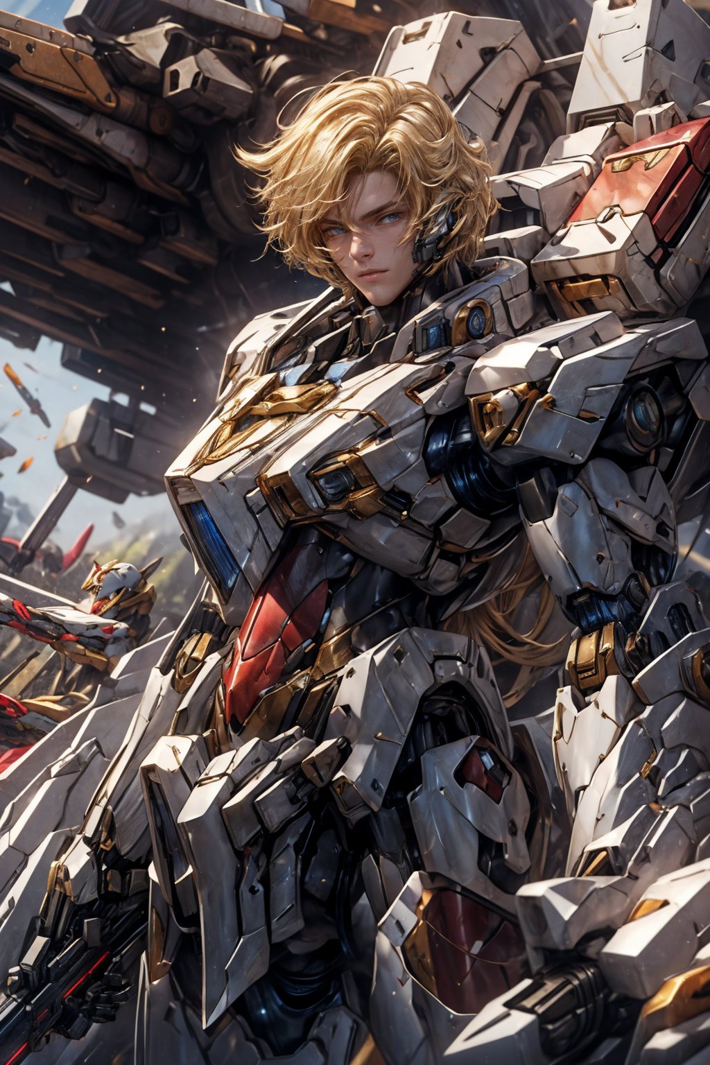 Masterpiece, Best Quality, (detailed:1.3), 1boy, blonde military, battlefield, laser sword weapon, cowboy_shot, looking_at_viewer,perfecteyes,bodysuit,mecha musume,mecha