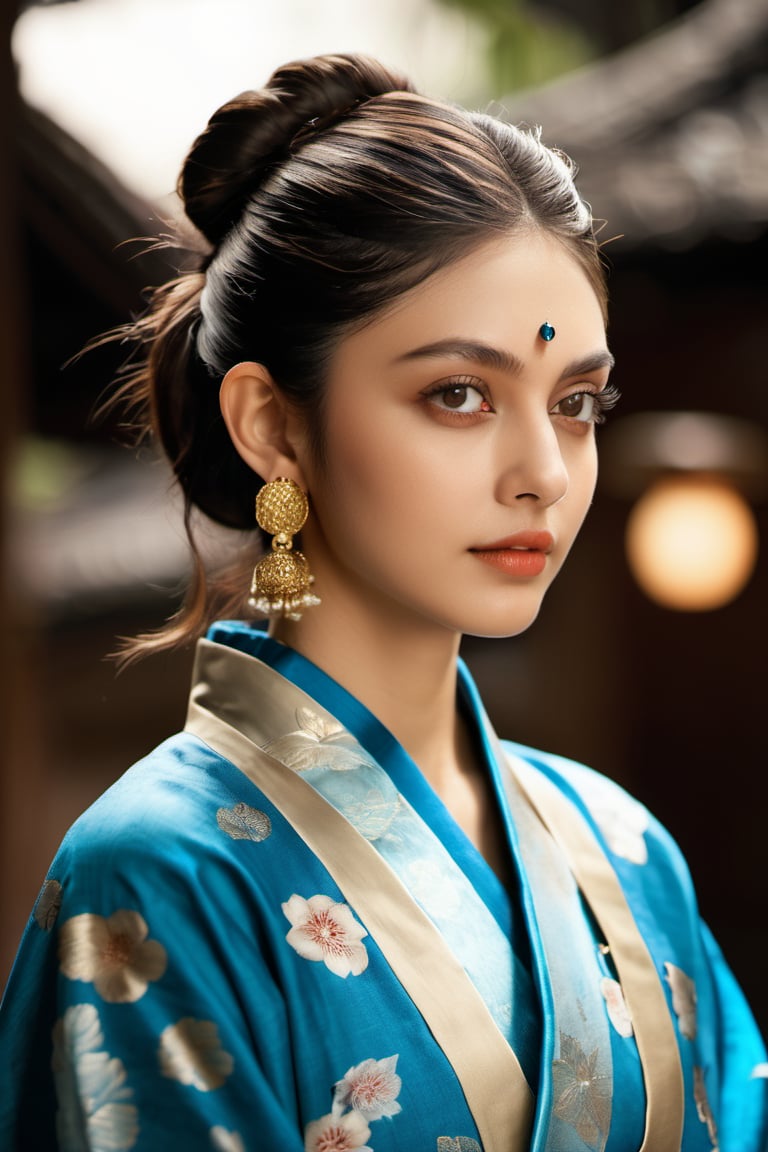 xxmix_girl, portraits up close, actress china-india girl Aditi Rao hydari, wear traditional blue kimono, smirk, holding her books with diamond earing, messy hair bun, stunning,fantasy, detailed perfect reflective Hazel eyes, perfect lips, perfect nose, epic, cinematic lighting, 8k, full render HD, --s8000, 64k, ultra realistic, Cafe background, shadow, photography, cinematic composition, natural light