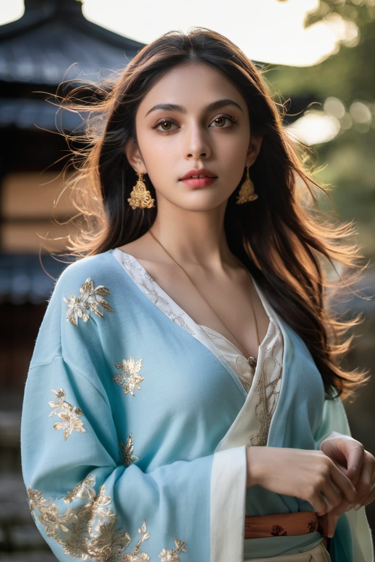 xxmix_girl, portraits up close, actress india girl Aditi Rao hydari, wear blue cardigan and white shirt, smirk, diamonds earing, long glowing hair, stunning,fantasy, detailed perfect reflective Hazel eyes, perfect lips, perfect nose, epic, cinematic lighting, 8k, full render HD, --s8000, 64k, ultra realistic, kyoto castle background, shadow, photography, cinematic composition, natural light