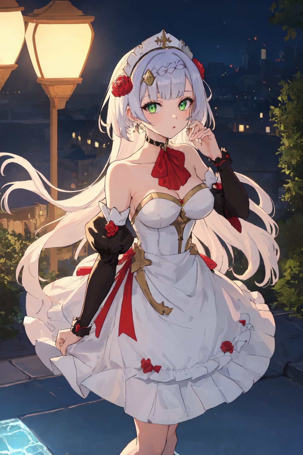 (masterpiece:1.2, best quality:1.2, beautiful, high quality, highres:1.1, aesthetic), detailed, extremely detailed, ambient soft lighting, perfect eyes, perfect face, 1girl, long white hair, hair ornament, normal breasts, red gatsby dress, strapless, dress can see through, show nipples, bare shoulders, sleeveless, wrist cuffs, detached sleeves, earrings, black choker, looking at the viewer, full body, slim body, green eyes,noelledef,raidenshogundef,noellernd