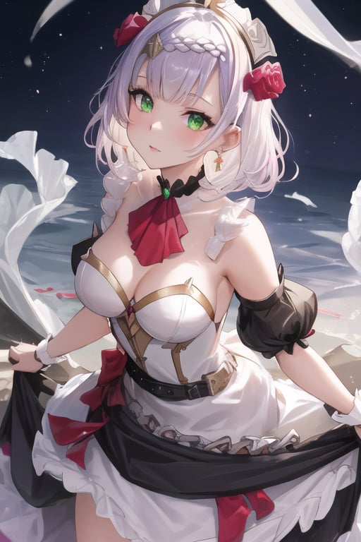 (masterpiece:1.2, best quality:1.2, beautiful, high quality, highres:1.1, aesthetic), detailed, extremely detailed, ambient soft lighting, perfect eyes, perfect face, 1girl, long white hair, hair ornament, normal breasts, red gatsby dress, strapless, dress can see through, bare shoulders, sleeveless, wrist cuffs, detached sleeves, earrings, black choker, looking at the viewer, full body, slim body, green eyes,noelledef,raidenshogundef,noellernd