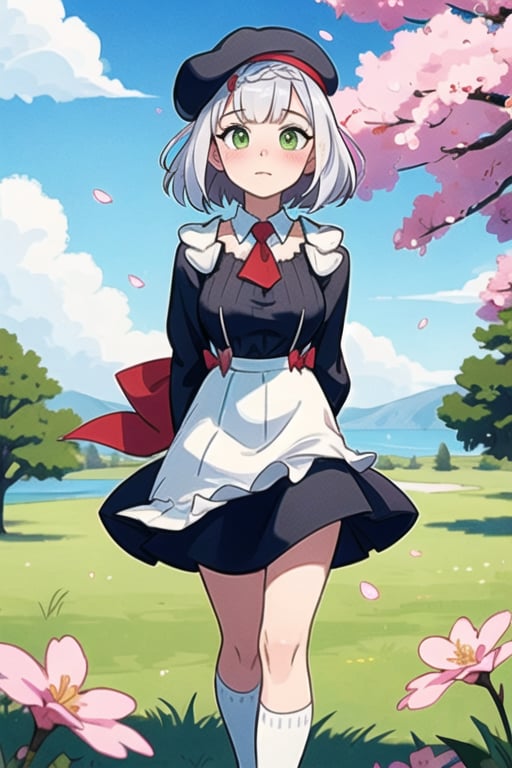 (Highest picture quality), (Master's work),(Detailed eyes description),(Detailed face description),1girl,green eyes,white hair,(short hair),short hair (floating in the wind),hair ornament,white dress,small breast,bare legs,white socks,leather shoes,arms and hands behind back,blush,fluttering grass,(spring,sakura blossoms),petals,(lens flare),altocumulus,dazzling light,cool breeze,(shade) of [a sakura tree],meadow,(the grass is growing and the birds are flying),(lake,surface reflection),noelledef,noellernd,noellekfc