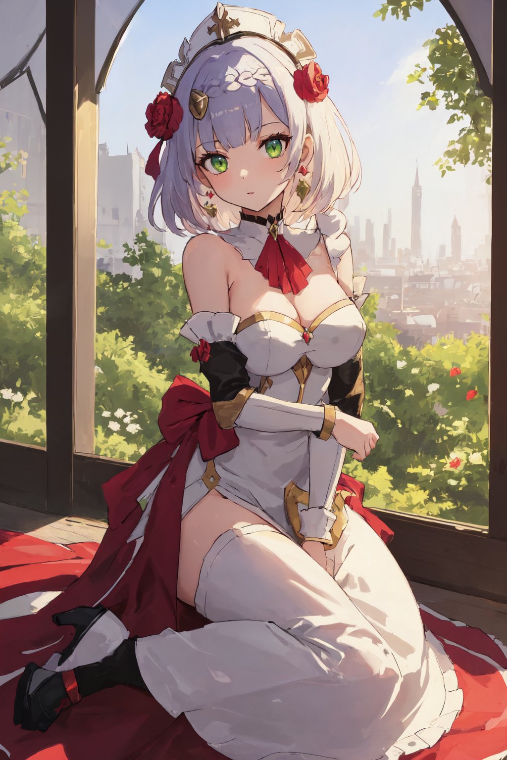 (masterpiece:1.2, best quality:1.2, beautiful, high quality, highres:1.1, aesthetic), detailed, extremely detailed, ambient soft lighting, perfect eyes, perfect face, 1girl, long white hair, hair ornament, normal breasts, red gatsby dress, strapless, dress can see through, show nipples, bare shoulders, sleeveless, wrist cuffs, detached sleeves, earrings, black choker, looking at the viewer, full body, slim body, green eyes,noelledef,raidenshogundef,noellernd