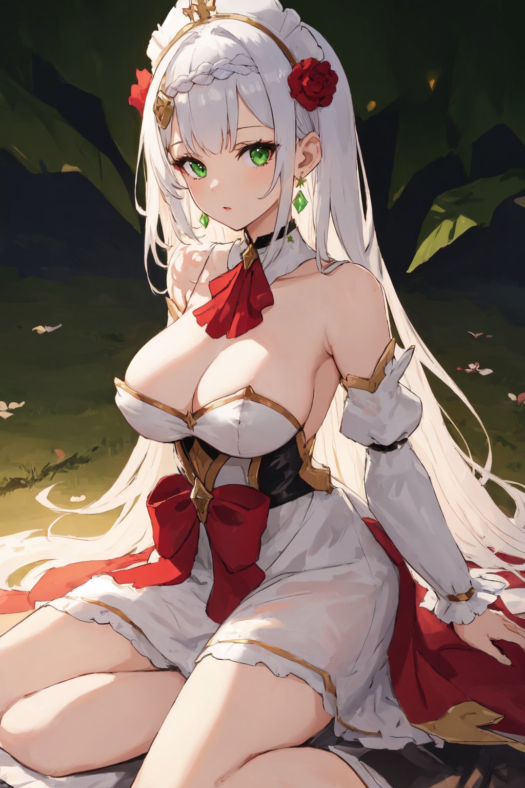 (masterpiece:1.2, best quality:1.2, beautiful, high quality, highres:1.1, aesthetic), detailed, extremely detailed, ambient soft lighting, perfect eyes, perfect face, 1girl, long white hair, hair ornament, normal breasts, red gatsby dress, strapless, dress can see through, show nipples, bare shoulders, sleeveless, wrist cuffs, detached sleeves, earrings, black choker, looking at the viewer, full body, slim body, green eyes,noelledef