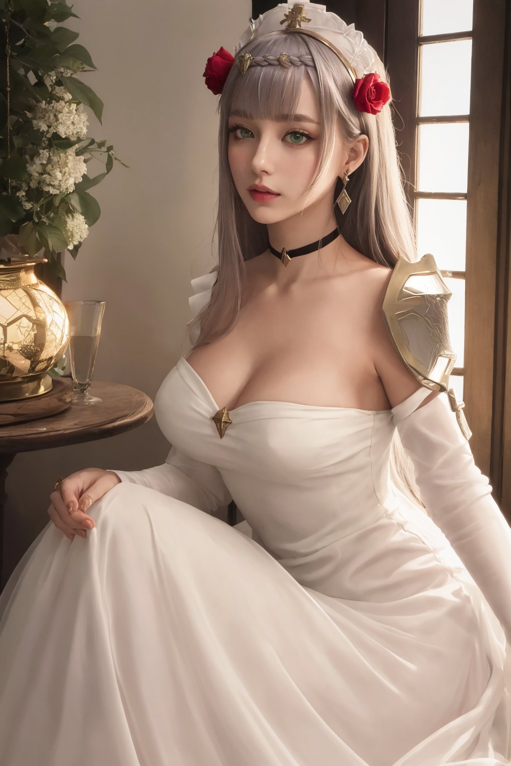 (masterpiece:1.2, best quality:1.2, beautiful, high quality, highres:1.1, aesthetic), detailed, extremely detailed, ambient soft lighting, perfect eyes, perfect face, 1girl, long white hair, hair ornament, normal breasts, red gatsby dress, strapless, dress can see through, show nipples, bare shoulders, sleeveless, wrist cuffs, detached sleeves, earrings, black choker, looking at the viewer, full body, slim body, green eyes,noelledef,raidenshogundef,noellernd