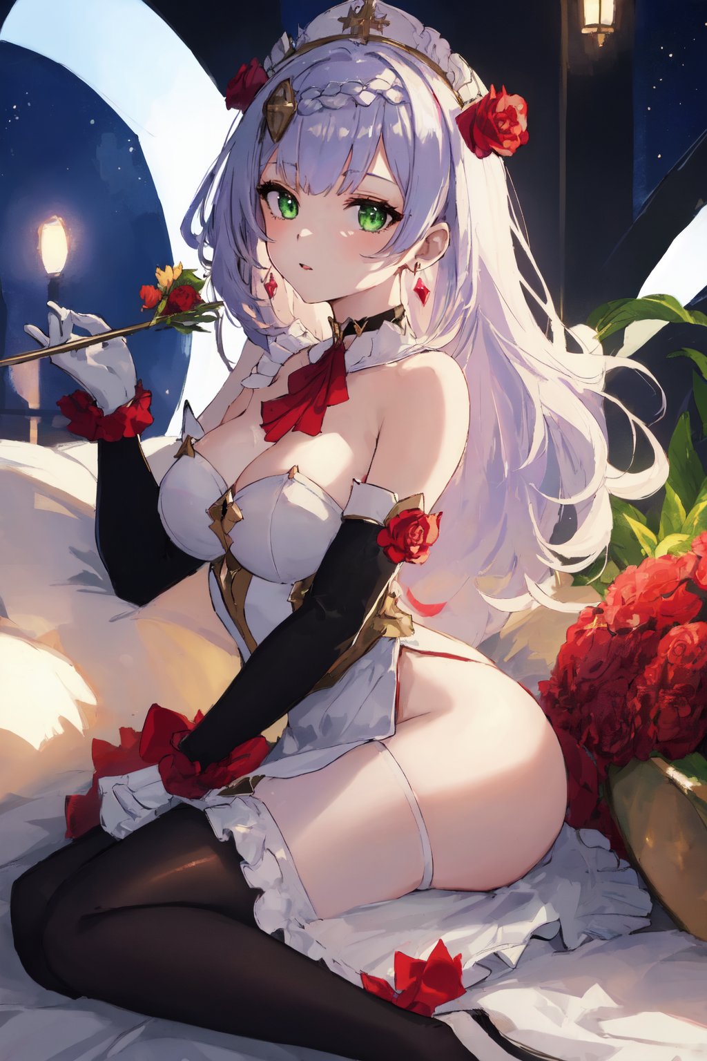 (masterpiece:1.2, best quality:1.2, beautiful, high quality, highres:1.1, aesthetic), detailed, extremely detailed, ambient soft lighting, perfect eyes, perfect face, 1girl, long white hair, hair ornament, normal breasts, red gatsby dress, strapless, dress can see through, show nipples, bare shoulders, sleeveless, wrist cuffs, detached sleeves, earrings, black choker, looking at the viewer, full body, slim body, green eyes,noelledef,raidenshogundef,noellernd