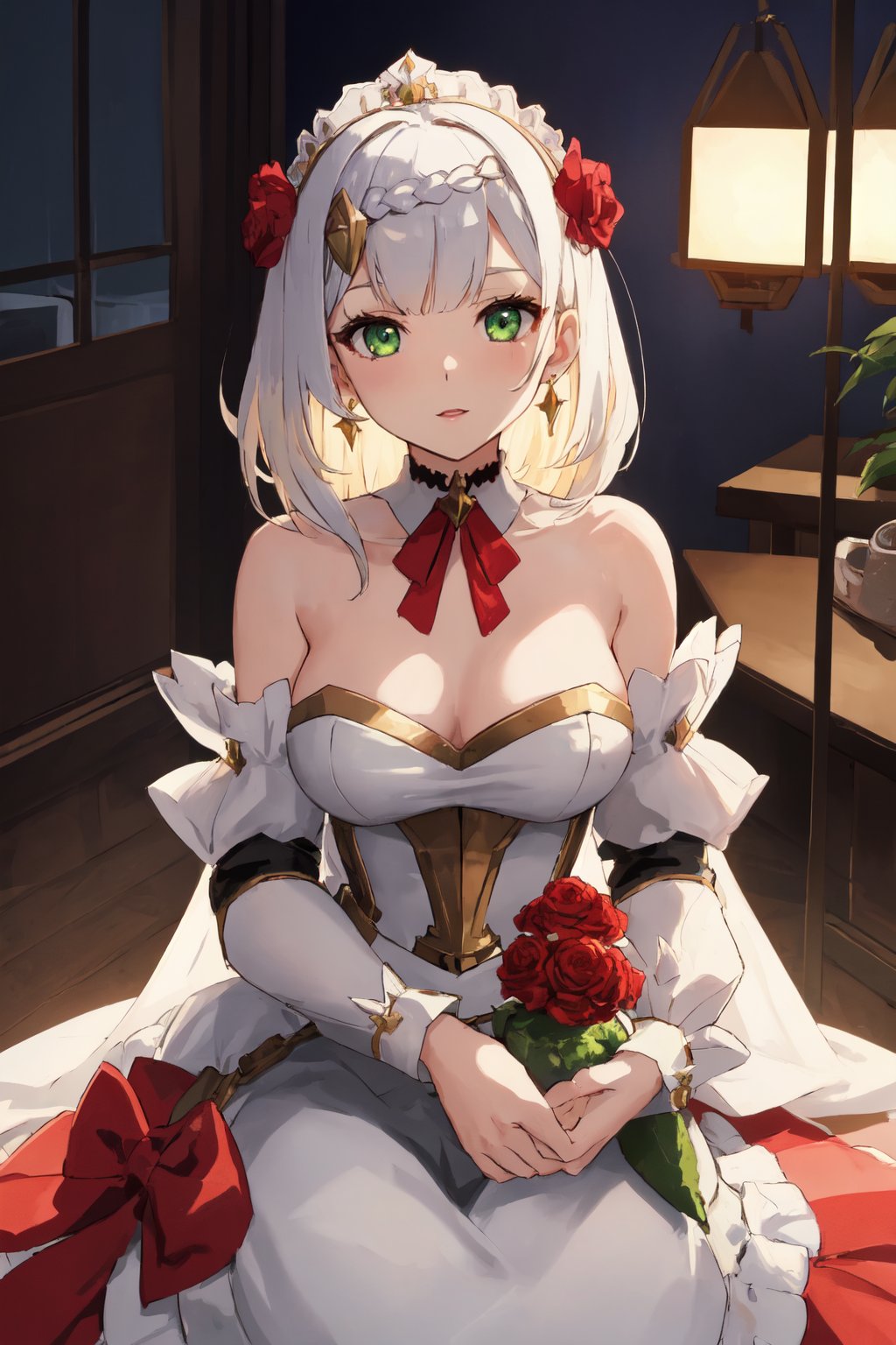 (masterpiece:1.2, best quality:1.2, beautiful, high quality, highres:1.1, aesthetic), detailed, extremely detailed, ambient soft lighting, perfect eyes, perfect face, 1girl, long white hair, hair ornament, normal breasts, red gatsby dress, strapless, dress can see through, show nipples, bare shoulders, sleeveless, wrist cuffs, detached sleeves, earrings, black choker, looking at the viewer, full body, slim body, green eyes,noelledef