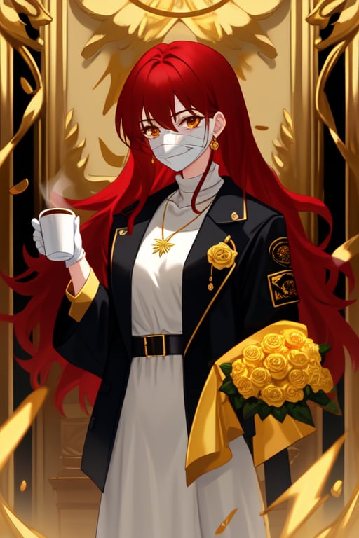 long red haired girl, white clothes shaped like bandages , black jacket, golden accesories, golden roses, golden pendants, drinking coffee, black gloves, golden laurel leaves on the clothes
