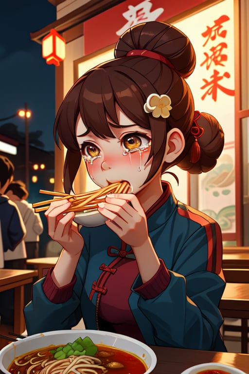 ambient soft lighting, 1girl, hazel eyes, pretty face, crying, drunk face, hot and spicy food, eating noodle using chopstix in a chinese street food at night, brown hair with buns, hair ornament, navy blue sukajan jacket