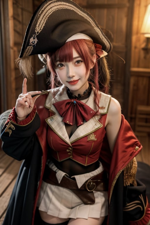 3d, masterpiece, best quality, anime, highly detailed, full body, 1girl, solo, marine_pirate, hair ribbon, red ascot, red skirt, belt, leotard under clothes, sleeveless, thighhighs, black coat, pirate hat, eyepatch, ship, dynamic pose, smile, happy , loli, 18 years old, idol,marine_pirate,Houshou Marine