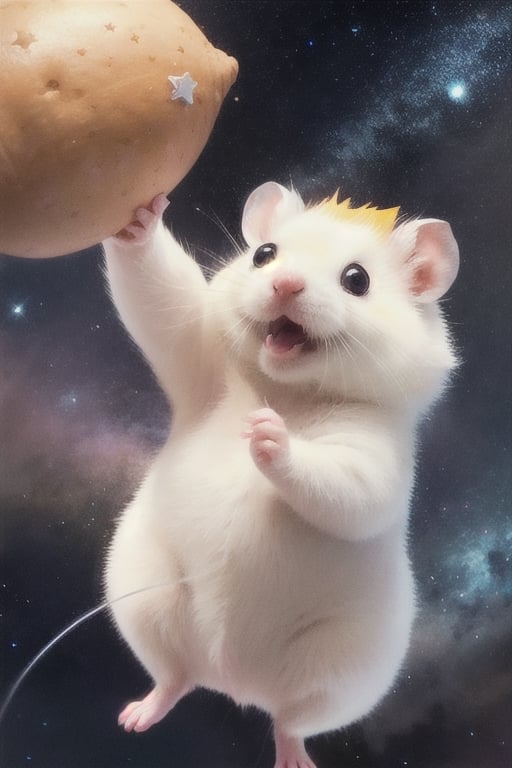 Cast magic, float in the air, starry sky background,White Hamster,surprised,cutie,Detail,idle animation,eating,white wings,white background,angry,sweet potato