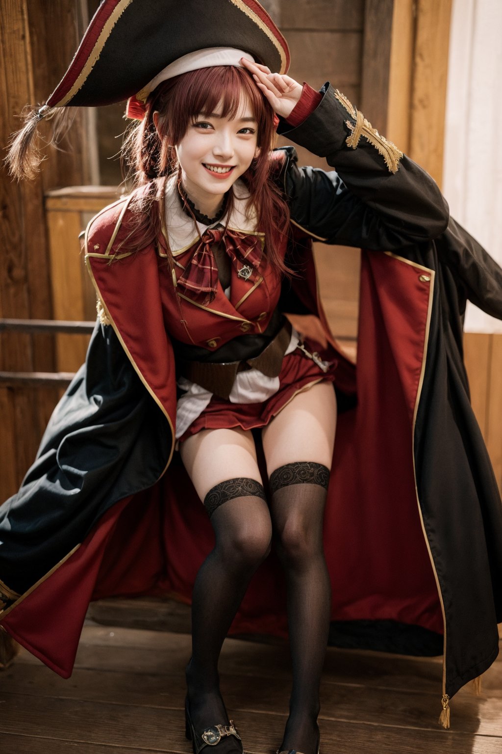 3d, masterpiece, best quality, highly detailed, full body, 1girl, solo, marine_pirate, hair ribbon, red ascot, red skirt, belt, leotard under clothes, sleeveless, thighhighs, black coat, pirate hat, eyepatch, ship, dynamic pose, smile, happy , loli, 18 years old, idol,marine_pirate,Houshou Marine