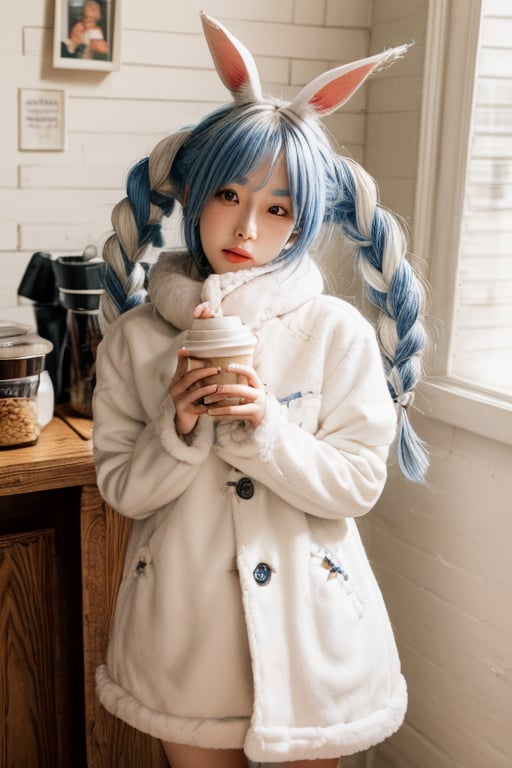 {{{{Usada Pekora}}}}, hololive, light blue hair,  orange eyes, white rabbit ears, {Two blue and white long braids}, white fur ball scarf,Cowboy shoot, coffee shop,