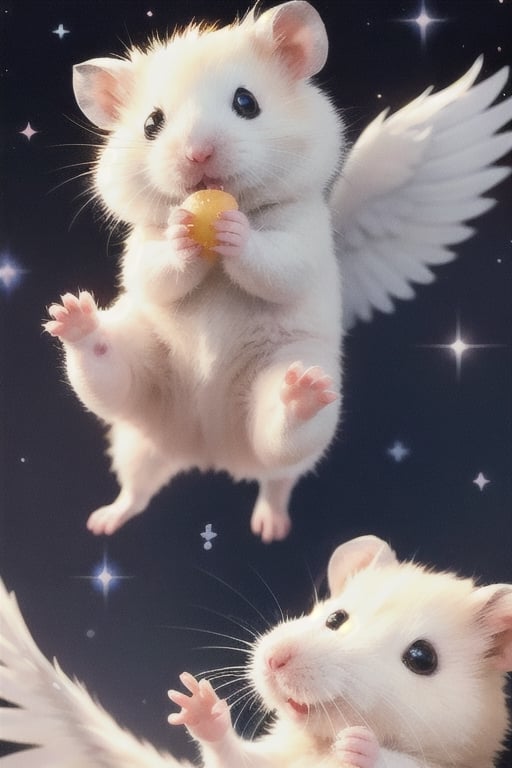 Cast magic, float in the air, starry sky background,White Hamster,surprised,cutie,Detail,eating,white wings,white 