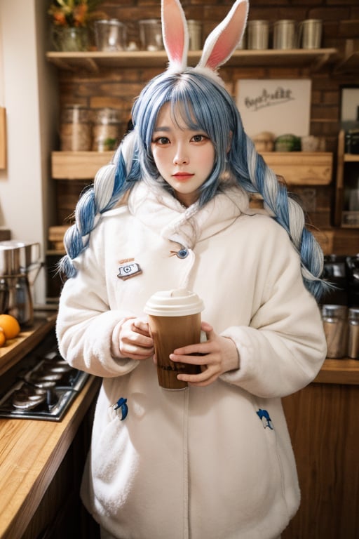 {{{{Usada Pekora}}}}, hololive, light blue hair,  orange eyes, white rabbit ears, {Two blue and white long braids}, white fur ball scarf,Cowboy shoot, coffee shop,