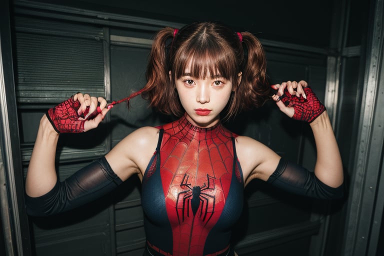 1girl,:>,(loli,13 years old),pigtails,bangs,
blunt bangs,insanely detailed, (red_hair), japanese idol,breasts, medium breasts,
Spiderman,large area Chest Spider-Man logo tattoo,Perfect body,
sexy lingerie with Spiderman prints,lips, (short_hair:1.2), pink_nails, red_nails, building, solo, new york,spider suit,camel toe,spider web print,spider web wasp waist, sleeveless,