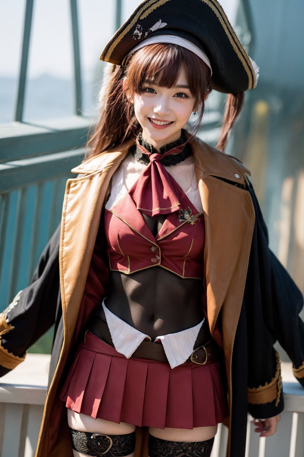 3d, masterpiece, best quality, highly detailed, full body, 1girl, solo, marine_pirate, hair ribbon, red ascot, red skirt, belt, leotard under clothes, sleeveless, thighhighs, black coat, pirate hat, eyepatch, ship, dynamic pose, smile, happy , loli, 18 years old, idol,marine_pirate,Houshou Marine