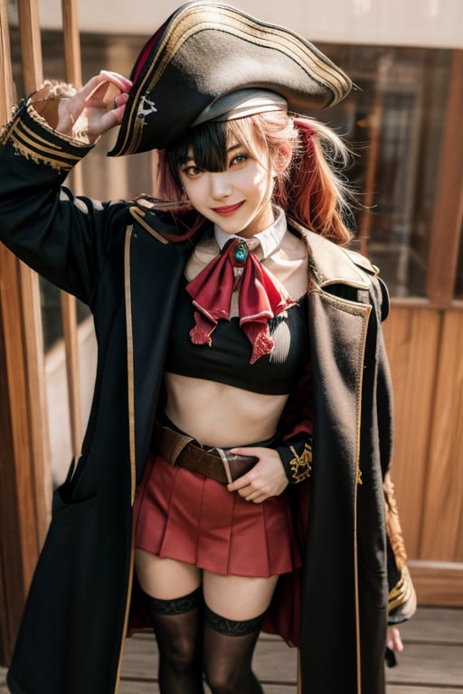 3d, masterpiece, best quality, highly detailed, full body, 1girl, solo, marine_pirate, hair ribbon, red ascot, red skirt, belt, leotard under clothes, sleeveless, thighhighs, black coat, pirate hat, eyepatch, ship, dynamic pose, smile, happy , loli, 18 years old, idol,marine_pirate,Houshou Marine