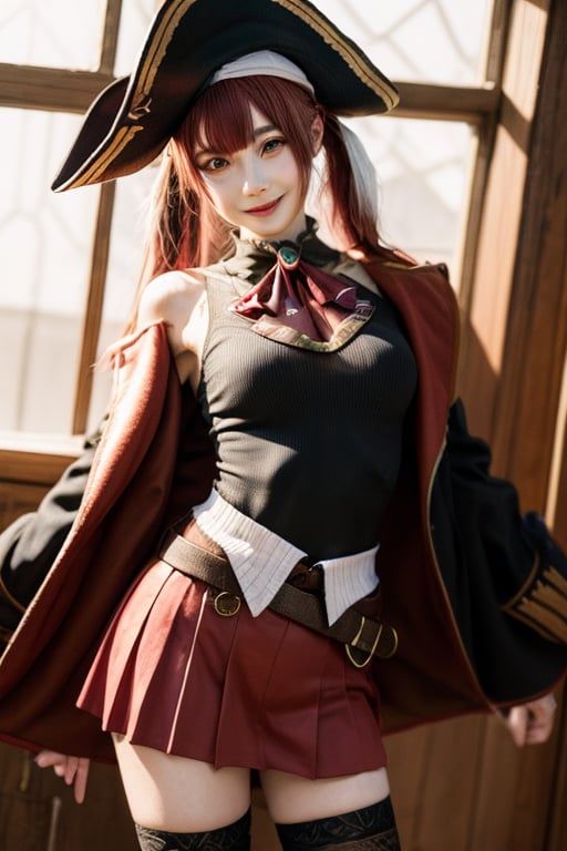 3d, masterpiece, best quality, anime, highly detailed, full body, 1girl, solo, marine_pirate, hair ribbon, red ascot, red skirt, belt, leotard under clothes, sleeveless, thighhighs, black coat, pirate hat, eyepatch, ship, dynamic pose, smile, happy , loli, 18 years old, idol,marine_pirate,Houshou Marine