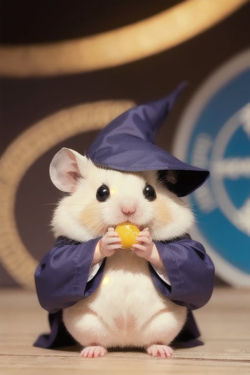 London street, medieval scene, wearing wizard robes, performing magic, magic circle background,White Hamster,surprised,cutie,Detail,eating,white wings,white 