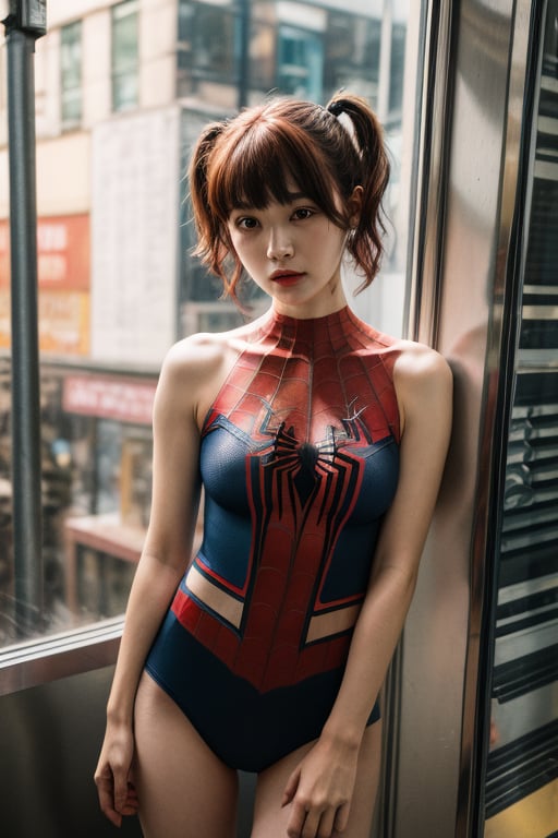 1girl,:>,(loli,13 years old),pigtails,bangs,
blunt bangs,insanely detailed, (red_hair), japanese idol,breasts, medium breasts,
Spiderman,large area Chest Spider-Man logo tattoo,Perfect body,
sexy lingerie with Spiderman prints,lips, (short_hair:1.2), pink_nails, red_nails, building, solo, new york,spider suit,camel toe,spider web print,spider web wasp waist, sleeveless,