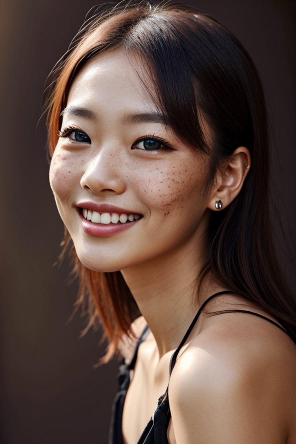 Beautiful Monglian girl, slight freckles, big smile, dark makeup, hyperdetailed photography, soft light, head and shoulders portrait cover