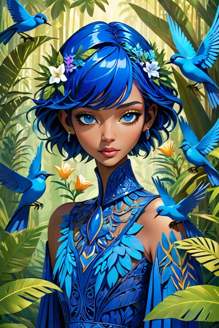 fashion photography portrait of blue human avatar, in blue lush jungle with flowers and birds, 3d render, cgi, symetrical, octane render, 35mm, bokeh, 9:16, (intricate details:1.12), hdr, (intricate details, hyperdetailed:1.15), (natural skin texture, hyperrealism, soft light, sharp:1.2)
