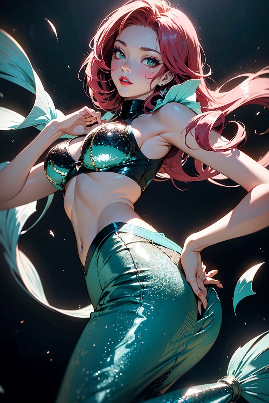 (Cinematic Aesthetic:1.4) Photo of a beautiful Japanese fashion model , for  Halloween party,
she chooses to dress up as Ariel from 'The Little Mermaid', she will wear  (a sequin tail:1.2 ) and (a bra top ) . She will also apply some glittery mermaid makeup, such as blue eyeshadow, pink lipstick, and some star stickers. She will look like the popular Disney character.  