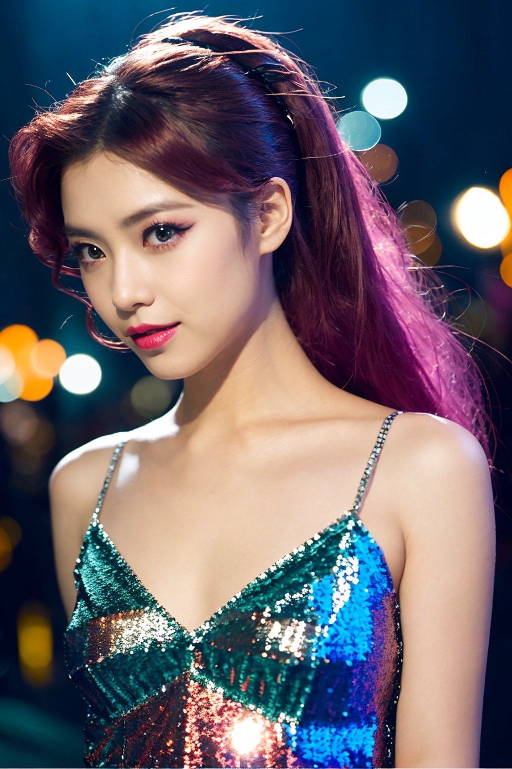 (Cinematic Aesthetic:1.4) Photo of a beautiful Japanese fashion model , for  Halloween party,
she chooses to dress up as Ariel from 'The Little Mermaid', she will wear  (a sequin tail:1.2 ) and (a bra top ) . She will also apply some glittery mermaid makeup, such as blue eyeshadow, pink lipstick, and some star stickers. She will look like the popular Disney character.  