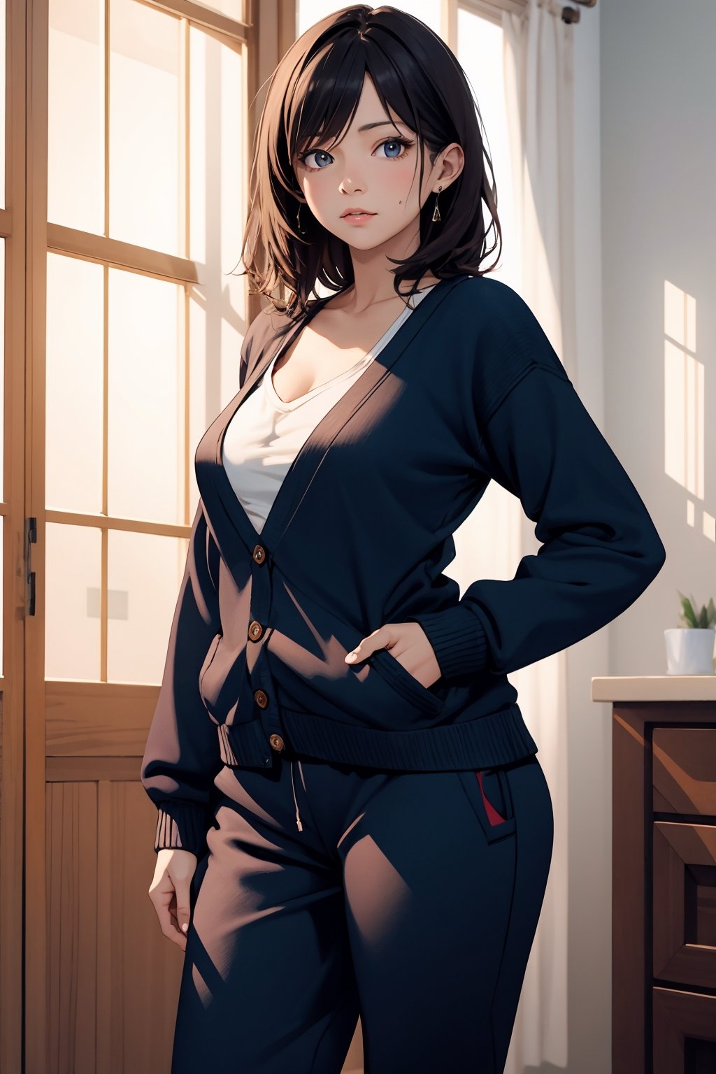 masterpiece, ultra high res, absurdres, photo realistic, In the early morning, a housewife in her thirties, (natural face), (small breast), (a slender waist that curves gracefully from her hips to her ribs:0.4), (puts on a cardigan over her sweatshirt and sweatpants ), (leaning forward:0.7), 