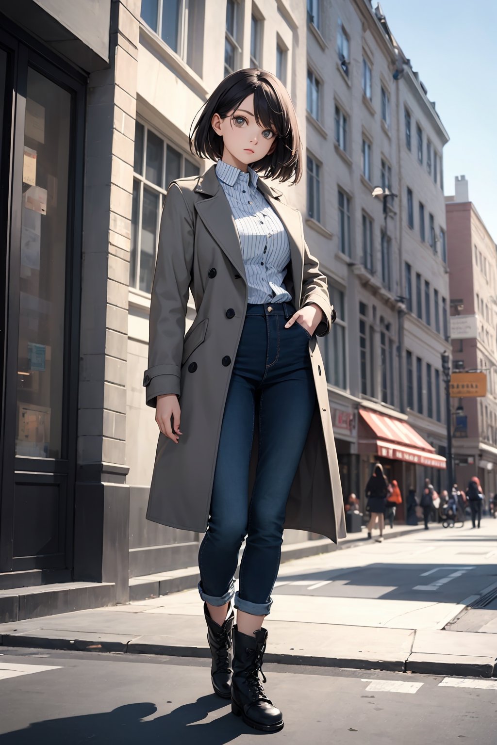 masterpiece, ultra high res, absurdres, (photo realistic),
A young female fashion model, armond eyes, BREAK,
gradient hair, Loose Topsy-Tail,BREAK,
(early spring fashion:1.2),
She looks cool and urban in her grey coat, striped shirt, black jeans, and lug sole boots. Her coat has some distressed details and an oversized fit that give it an edgy vibe. Her shirt is blue and white striped, adding some freshness to her look. Her boots are combat-style and add some contrast to her outfit. She is ready to hit the streets with confidence.
(dynamic pose:0.7),
simple background,dutch angle,