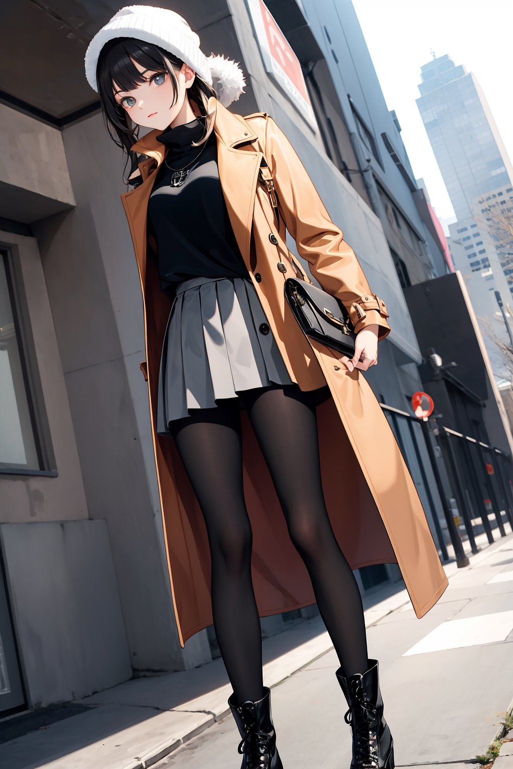 masterpiece, ultra high res, absurdres, A young female fashion model, (winter fashion), Trendy Mix style, Camel-colored long coat, Gray oversized sweatshirt, Very peri color pleated skirt, Black ankle boots, black pantyhose, BREAK,
seductive expression, 
 simple background,dutch angle, 