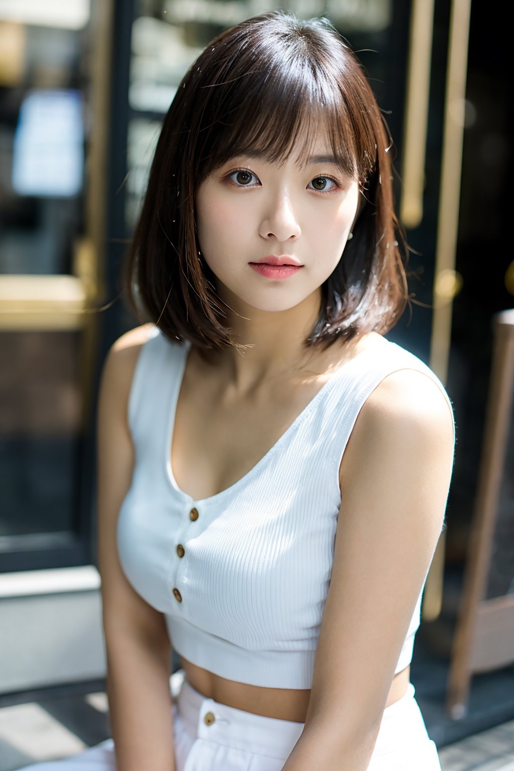 photo of a Beautiful Japanese woman,  detailed defined body,small breasts,short hair,
looking at viewer, eyeshadow, BREAK, (a tuck-in wide white pants )  ,BREAK, dutch angle, At a café on the street in Roppongi.,BREAK, best quality,masterpiece,ultra high res,(photo realistic:1.4),Cinematic,35mm lens,f/ 1. 8,accent lighting,8k,