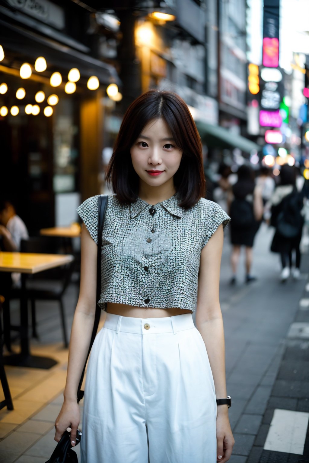 Beautiful woman detailed defined body,small breasts,short hair,BREAK, (a tuck-in wide white pants )  ,BREAK, dutch angle, At a café on the street in Roppongi.,BREAK, best quality,masterpiece,ultra high res,(photo realistic:1.4),Cinematic,35mm lens,f/ 1. 8,accent lighting,8k,