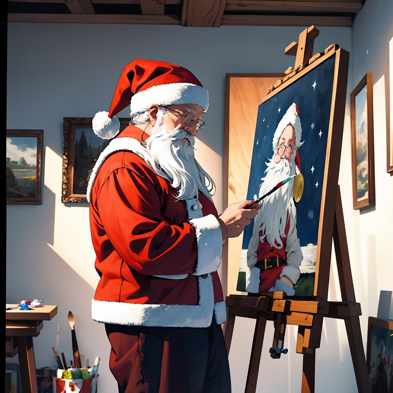 masterpiece, ultra high res, absurdres,photo realistic, 
Santa Claus is painting with oil paints. He likes to express his artistic side and capture the beauty of nature and his friends. He has a small studio in his house, where he keeps his easel, brushes, paints, and canvases. He often paints in his spare time, when he is not busy making or delivering presents.