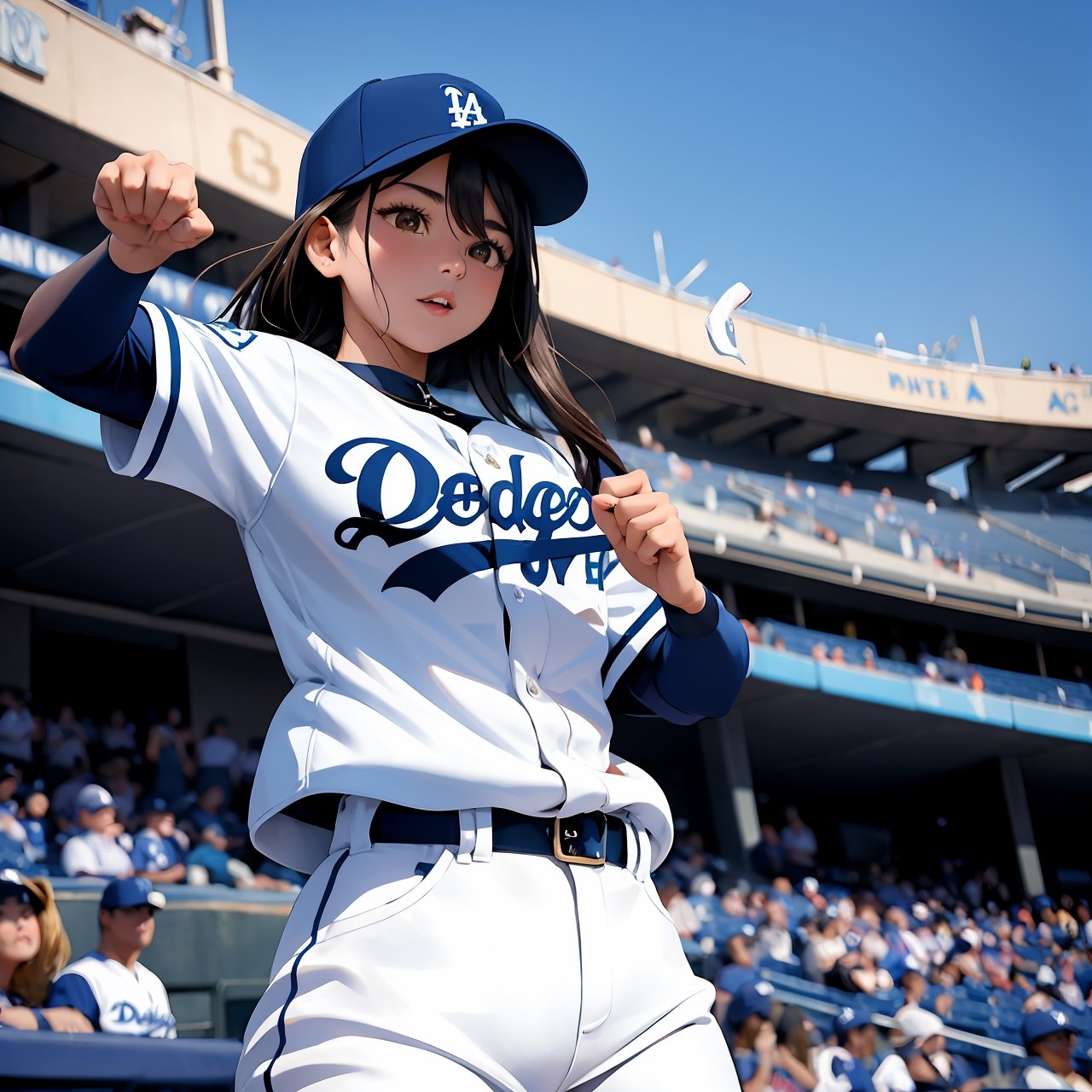 masterpiece, ultra high res, absurdres,photo realistic, 
A young woman who is a fan of Shohei Ohtani is cheering for him (from the outfield seats at Dodger Stadium), wearing a Dodgers jacket , as he steps up to the plate.