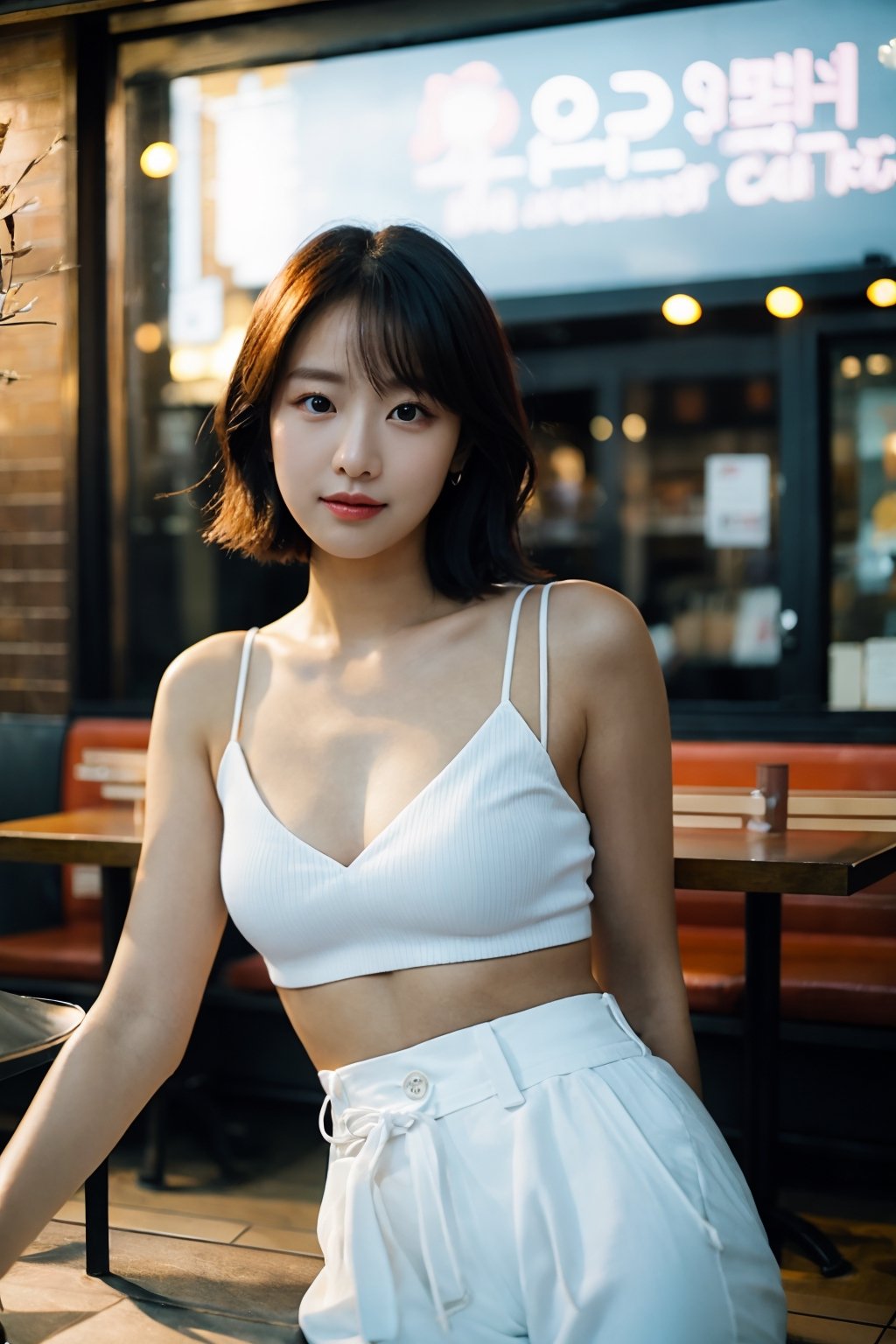 photo of a Beautiful Korean woman,  detailed defined body,small breasts,short hair,
looking at viewer, eyeshadow, BREAK, (a tuck-in wide white pants )  ,BREAK, dutch angle, At a café on the street in Roppongi.,BREAK, best quality,masterpiece,ultra high res,(photo realistic:1.4),Cinematic,35mm lens,f/ 1. 8,accent lighting,8k,