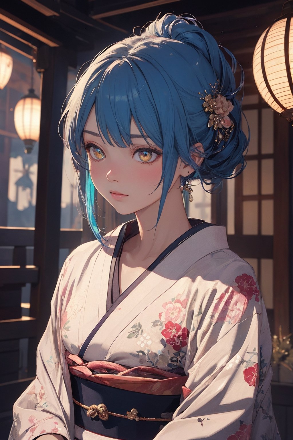 A Ultra realistic, a stunningly girl in (Peony pattern kimono:0.9), ornaments, flirting, filigree, colorful, sparkels, highlights, digital art, masterwork, blue hair, shrine, amber eyes, chignon, dark theme, soothing tones, muted colors, high contrast, (natural skin texture, hyperrealism, soft light, sharp)