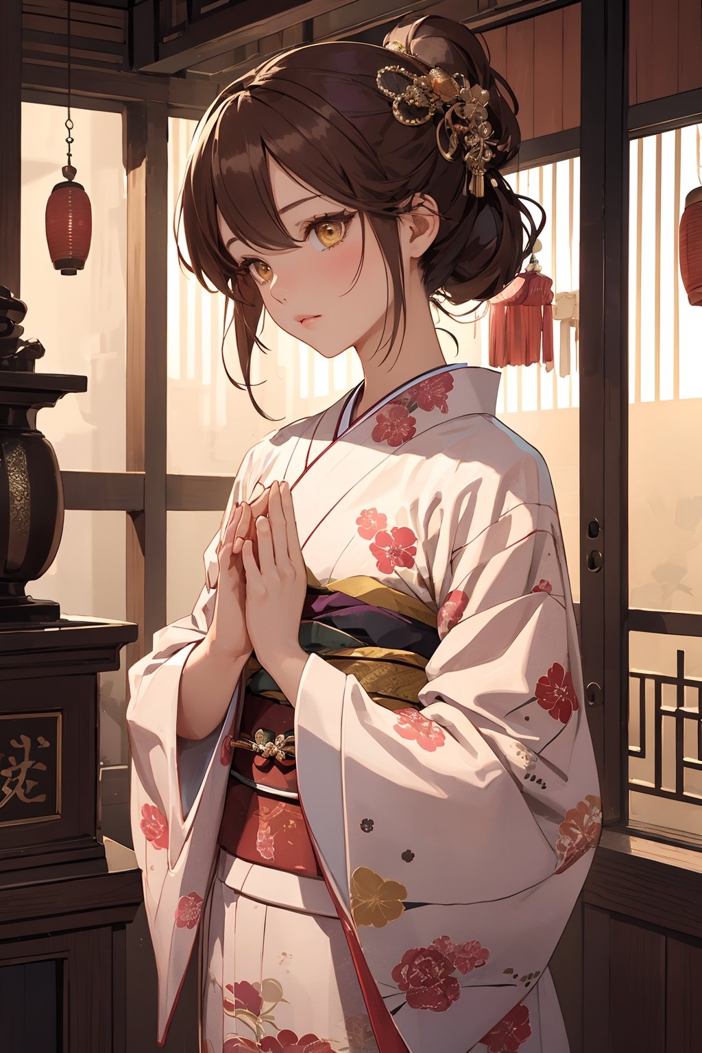 A Ultra realistic, a stunningly girl in (Pine and plum  pattern kimono:0.9), ornaments, flirting, filigree, colorful, sparkels, highlights, digital art, masterwork, brown hair, (pray with her palms together), at a shrine , amber eyes, chignon, bright theme, soothing tones, muted colors, high contrast, (natural skin texture, hyperrealism, soft light, sharp), 