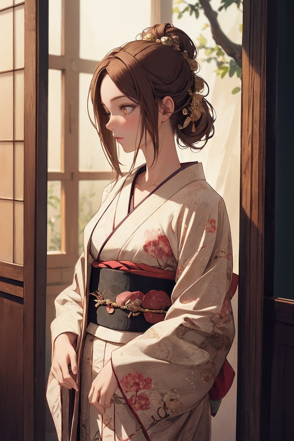 A Ultra realistic, a stunningly girl in (Pine and plum  pattern kimono:0.9), ornaments, flirting, filigree, colorful, sparkels, highlights, digital art, masterwork, brown hair, shrine, amber eyes, chignon, dark theme, soothing tones, muted colors, high contrast, (natural skin texture, hyperrealism, soft light, sharp)
