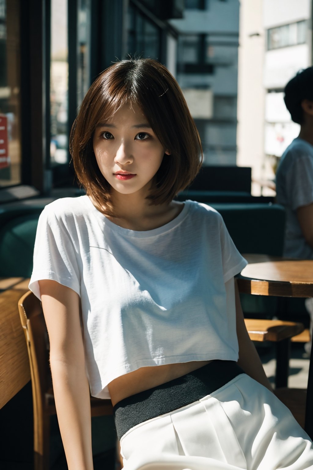 photo of a Beautiful woman,  detailed defined body,small breasts,short hair,
looking at viewer, BREAK, (a tuck-in wide white pants )  ,BREAK, dutch angle, At a café on the street in Roppongi.,BREAK, best quality,masterpiece,ultra high res,(photo realistic:1.4),Cinematic,35mm lens,f/ 1. 8,accent lighting,8k,